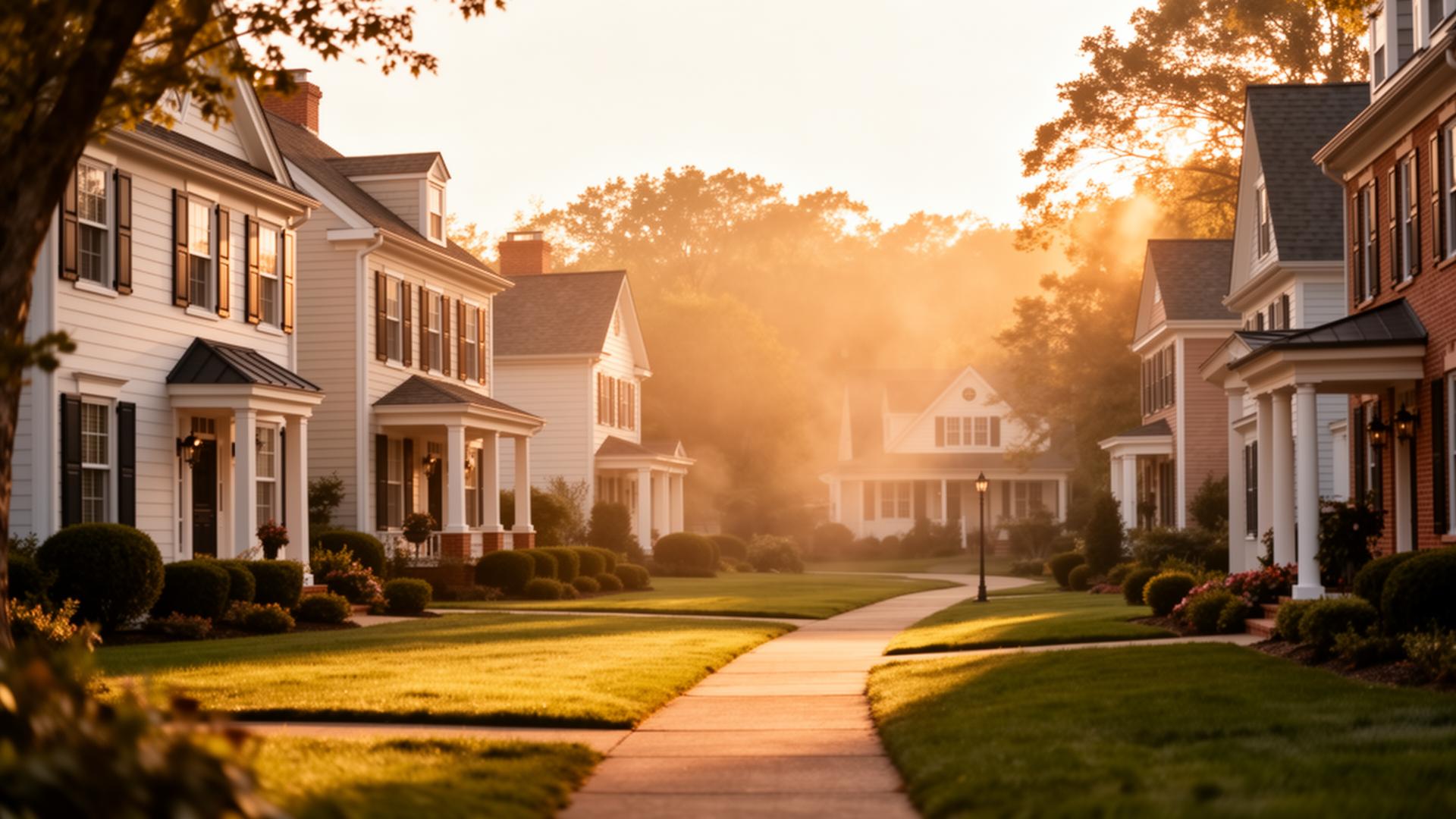 American suburban neighborhood at golden hour